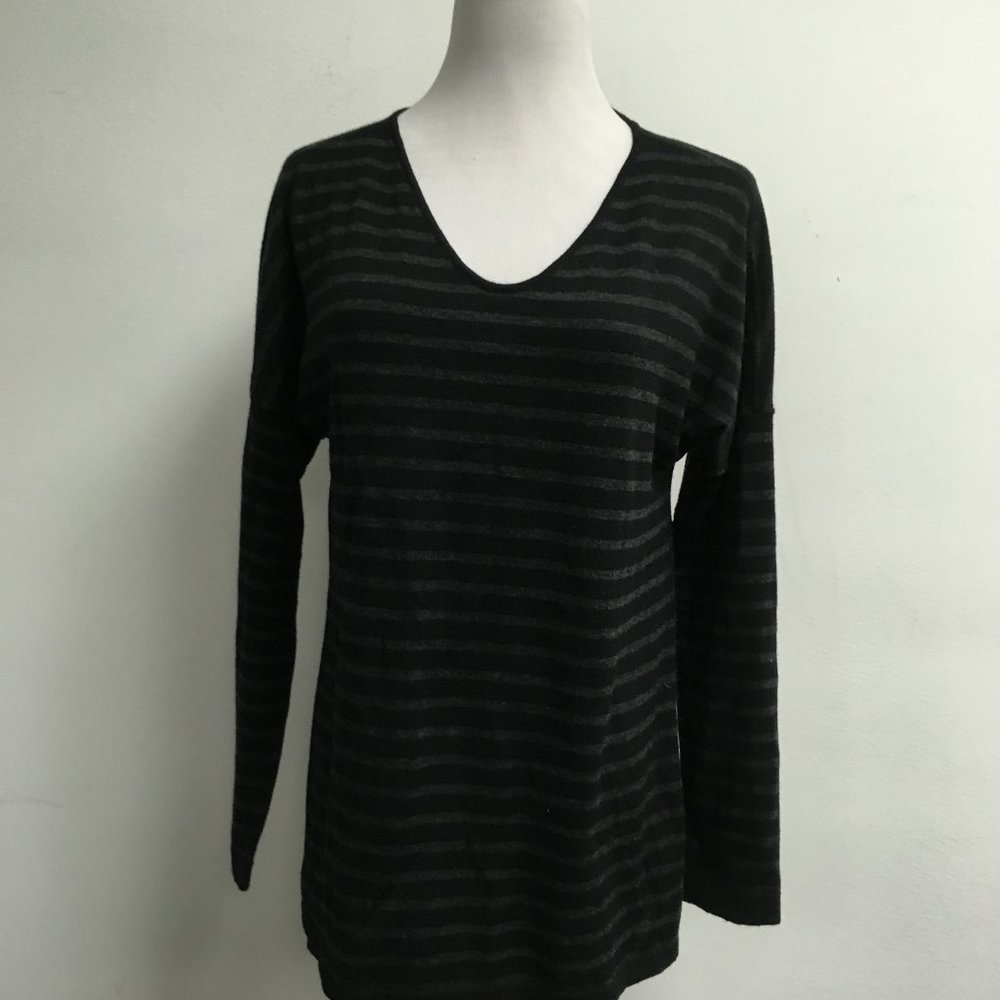 Eileen Fisher black gray wool stripes v neck tunic sweater top S